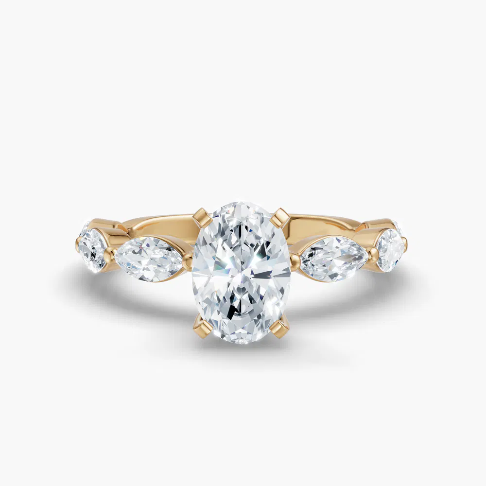 Certified 1 carat Lab Grown Diamond Oval Cut Side Stone Engagement Ring in 14K Yellow Gold-Trind