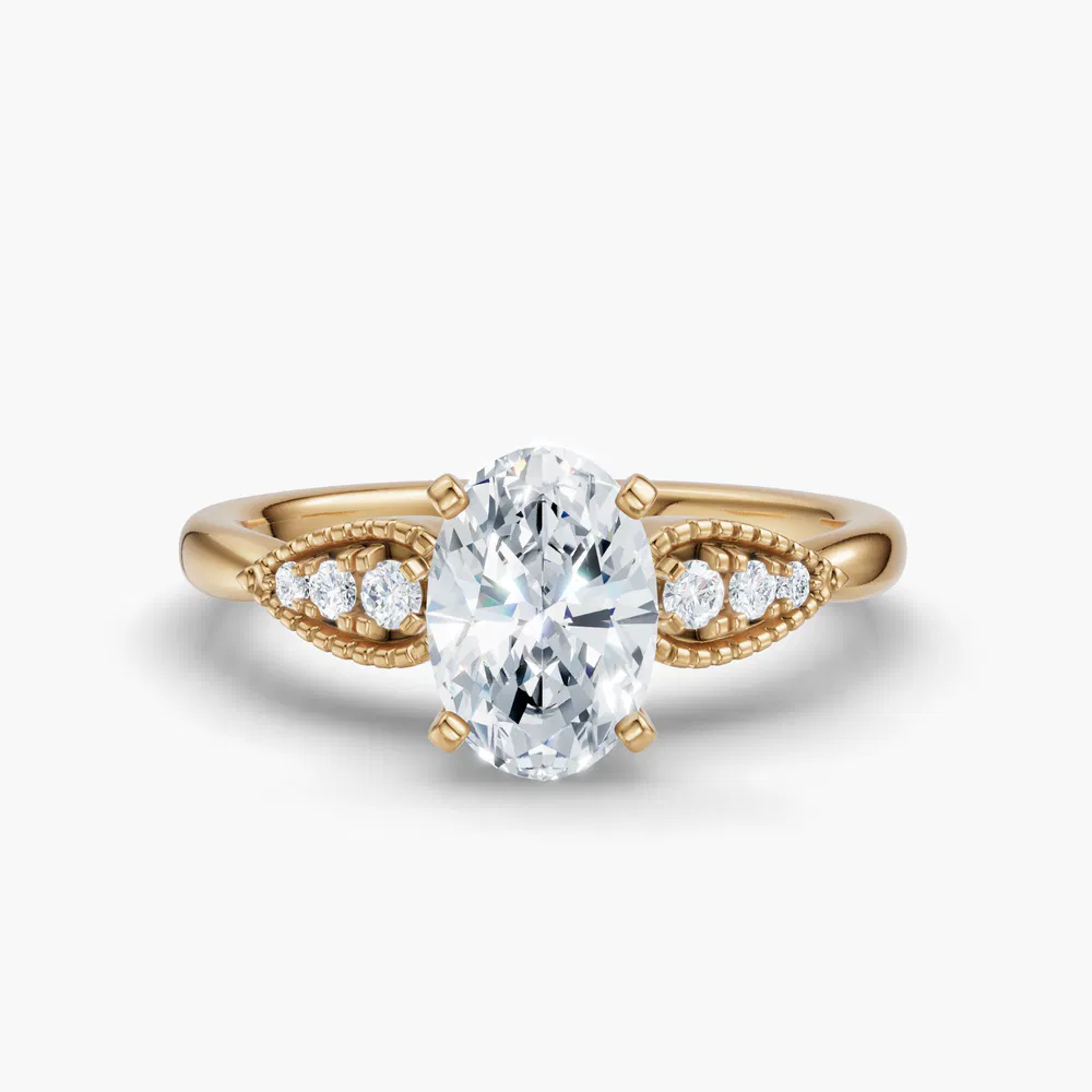 Certified 1 carat Lab Grown Diamond Oval Cut Milgrain, Vintage, Side Stone Engagement Ring in 14K Yellow Gold-Yerlin