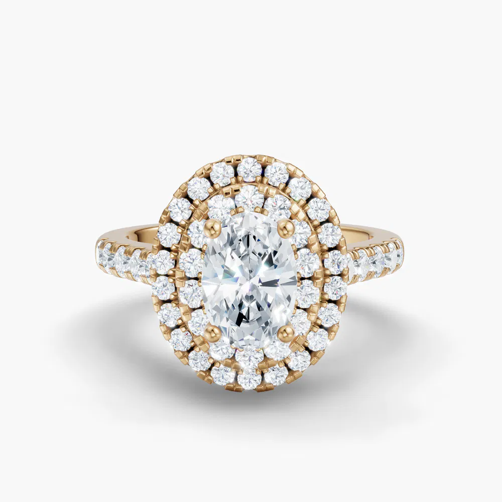 Certified 1 carat Lab Grown Diamond Oval Cut Halo, Pavé, Double halo Engagement Ring in 14K Yellow Gold-Brexa