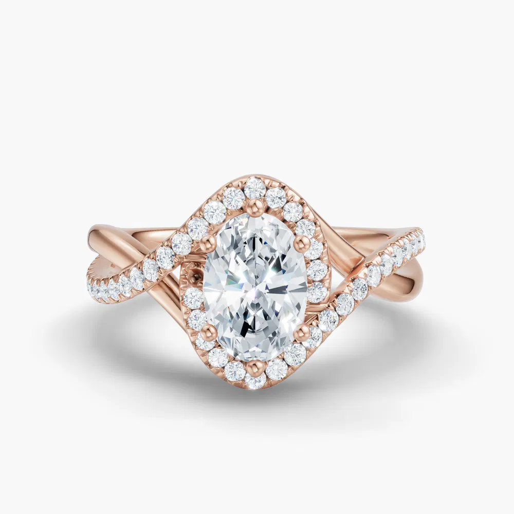 Certified 1 carat Lab Grown Diamond Oval Cut Halo, Pavé, Twist Engagement Ring in 18K Rose Gold-Dell