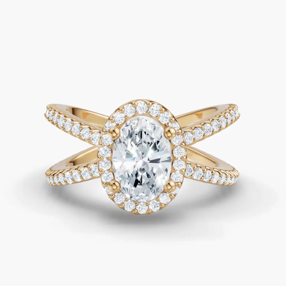 Certified 1 carat Lab Grown Diamond Oval Cut Pavé, Halo, Split Shank Engagement Ring in 14K Yellow Gold-Xylius