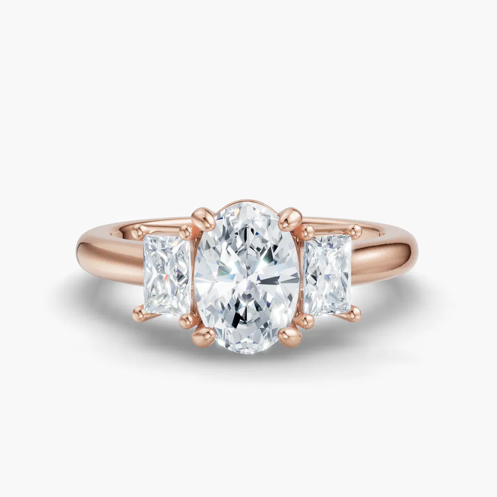 Certified 1 carat Lab Grown Diamond Oval Cut Three Stone, Side Stone Engagement Ring in 14K Rose Gold-Dravon