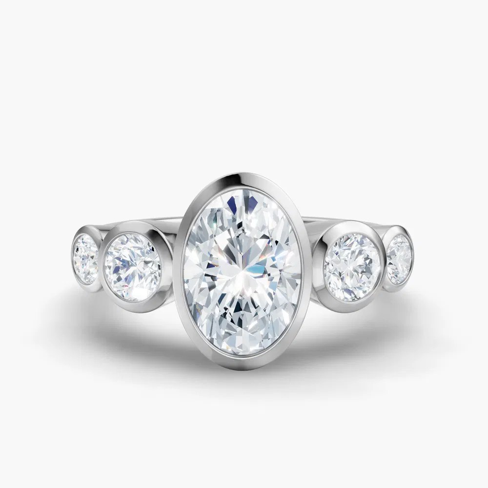 Certified 1 carat Lab Grown Diamond Oval Cut Five Stone, Milgrain, Bezel Engagement Ring in 14K White Gold-Sole