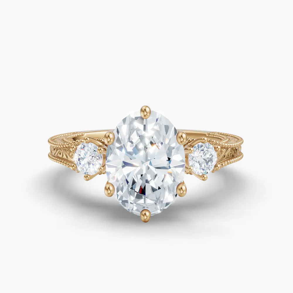 Certified 1 carat Lab Grown Diamond Oval Cut Three Stone, Unique, Milgrain Engagement Ring in 14K Yellow Gold-Zara