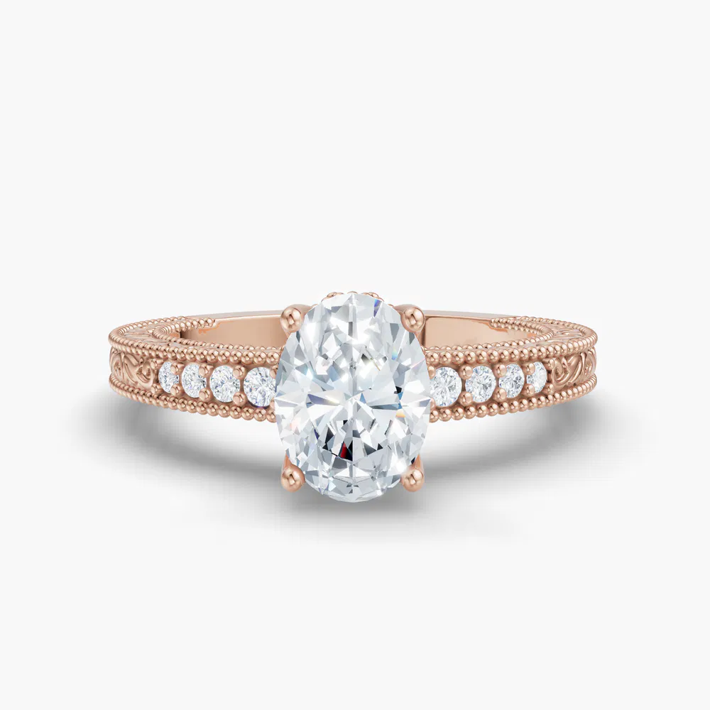 Certified 1 carat Lab Grown Diamond Oval Cut Vintage, Milgrain, Side Stone Engagement Ring in 14K Rose Gold-Meren