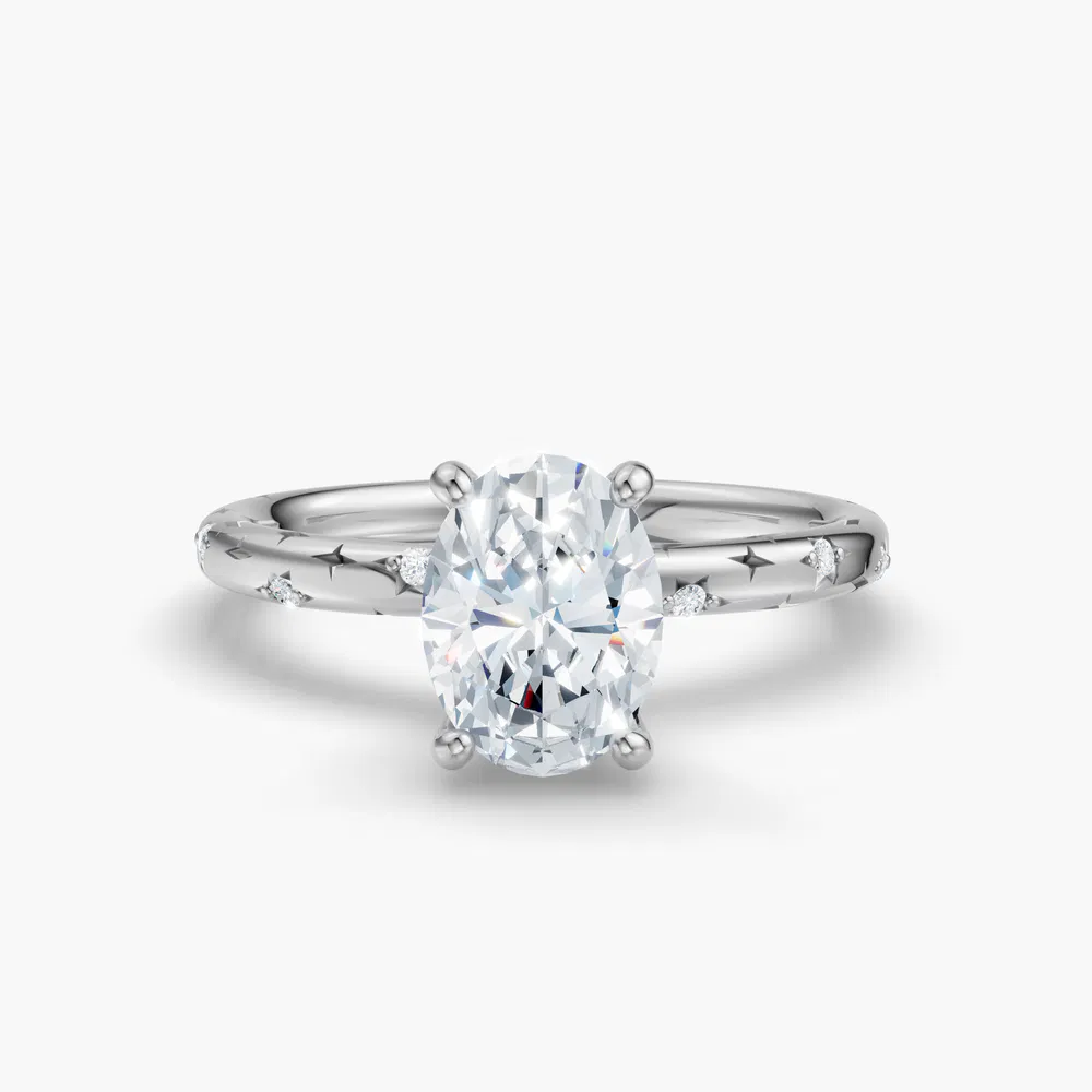 Certified 1 carat Lab Grown Diamond Oval Cut Hidden Halo, Unique, Side Stone Engagement Ring in 14K White Gold-Celestyn