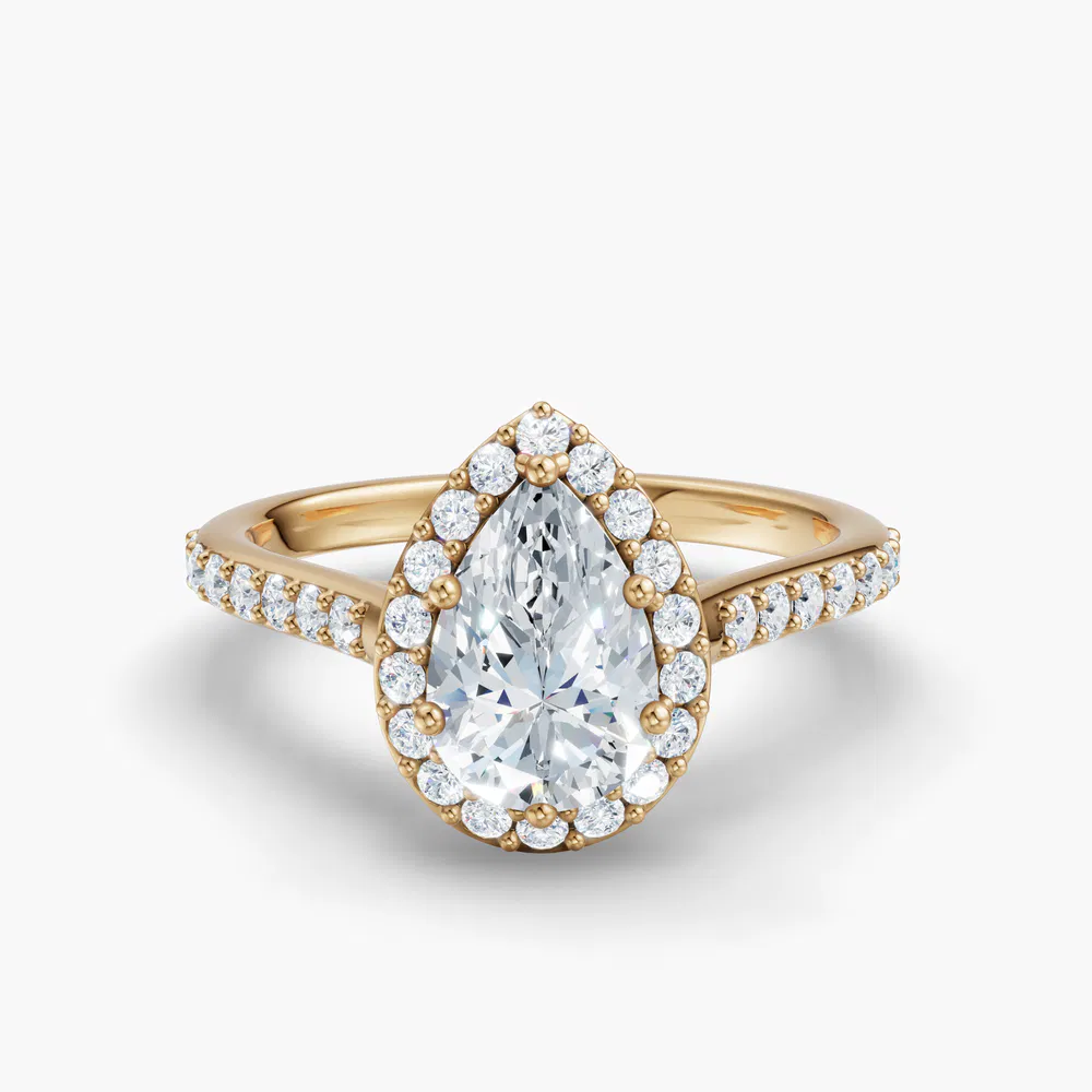 Certified 1 carat Lab Grown Diamond Pear Cut Pavé, Halo, Cathedral Engagement Ring in 18K Yellow Gold-Kvolt