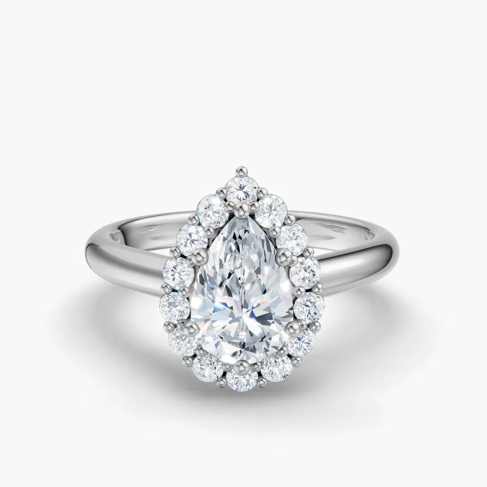 Certified 1 carat Lab Grown Diamond Pear Cut Cathedral, Halo, Floral Engagement Ring in 14K White Gold-Arwen