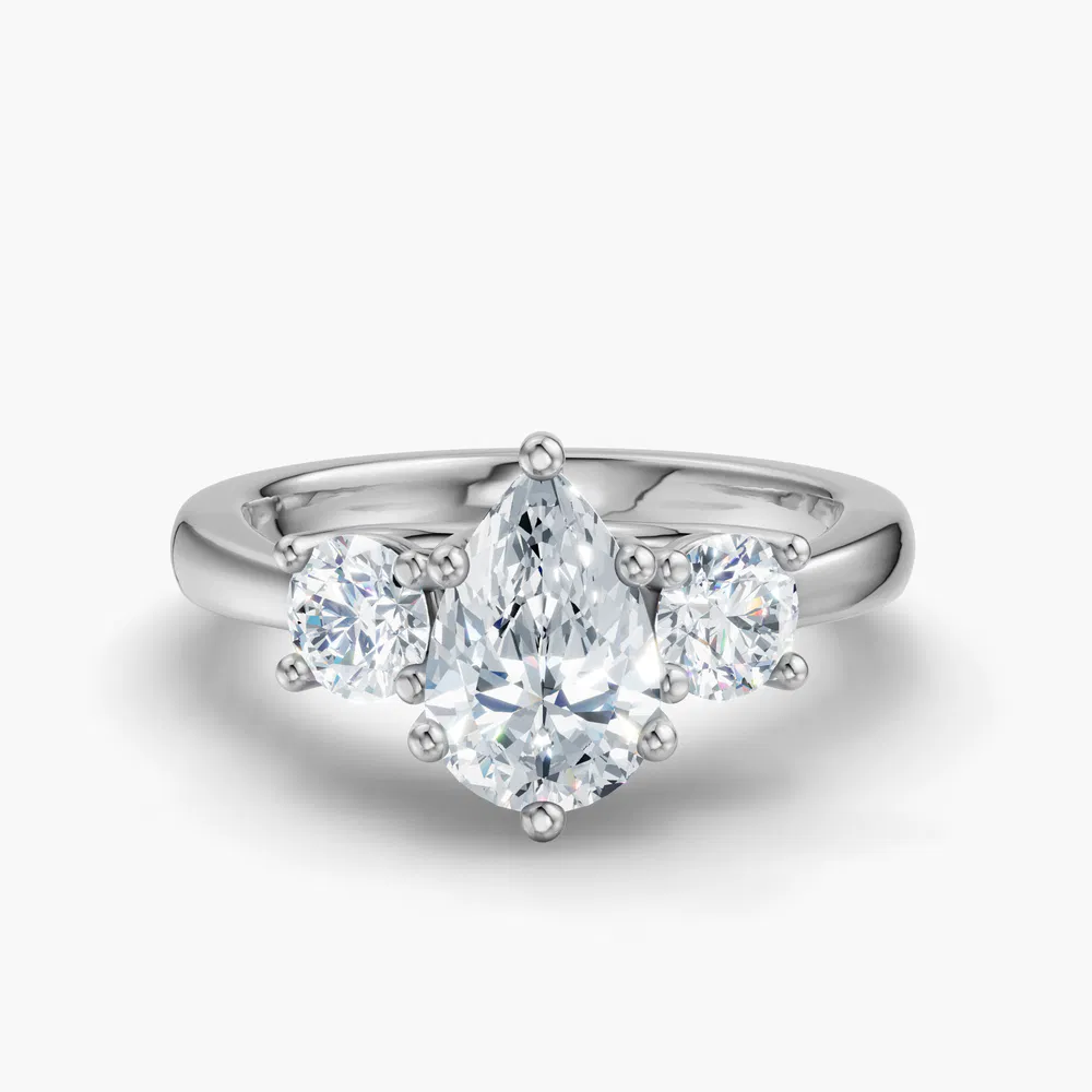 Certified 1 carat Lab Grown Diamond Pear Cut Three Stone, Side Stone, Low profile Engagement Ring in 14K White Gold-Valeri