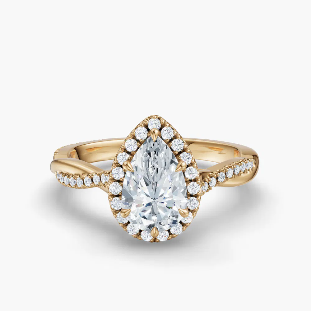 Certified 1 carat Lab Grown Diamond Pear Cut Twist, Cathedral, Pavé Engagement Ring in 14K Yellow Gold-Itic