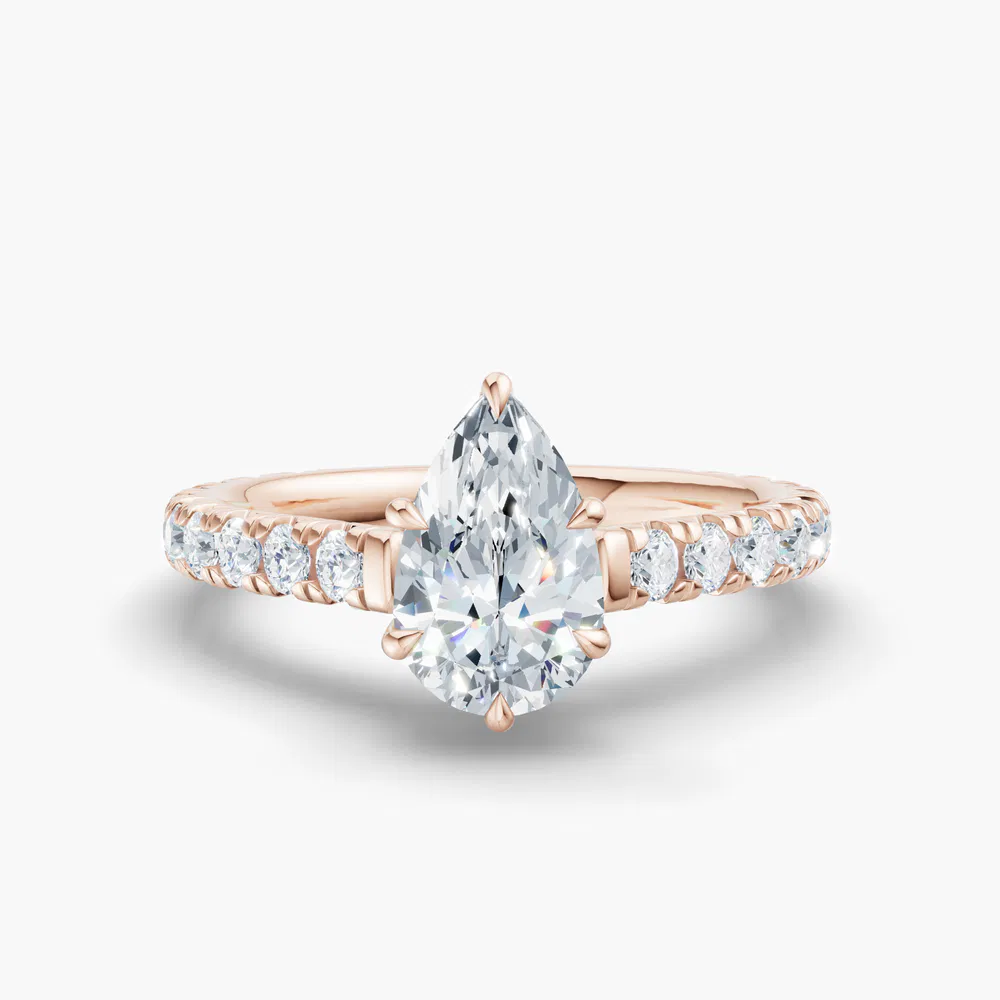 Certified 1 carat Lab Grown Diamond Pear Cut Pavé, Cathedral, Low profile Engagement Ring in 18K Rose Gold-Isuo