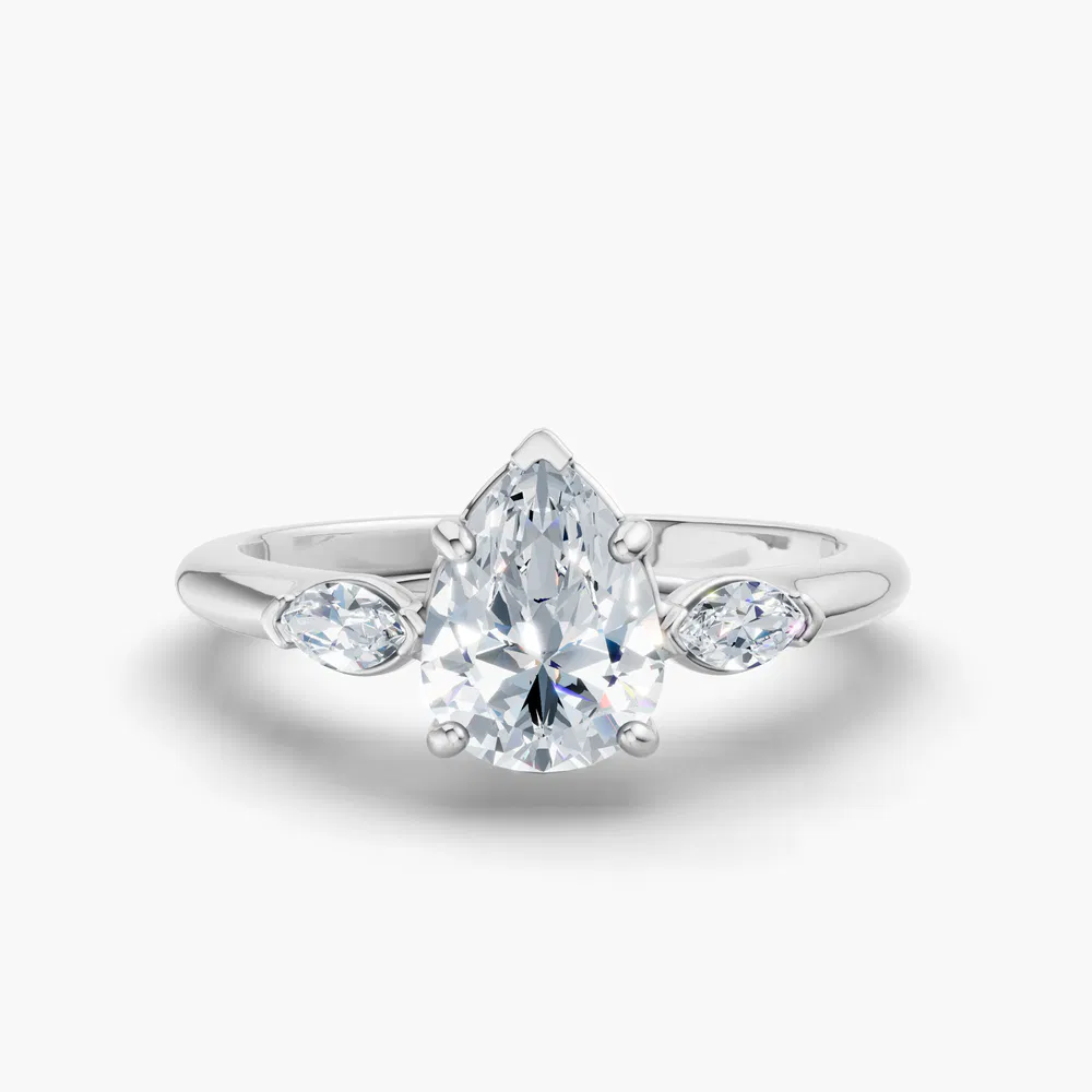 Certified 1 carat Lab Grown Diamond Pear Cut Three Stone, Side Stone Engagement Ring in 14K White Gold-Glow