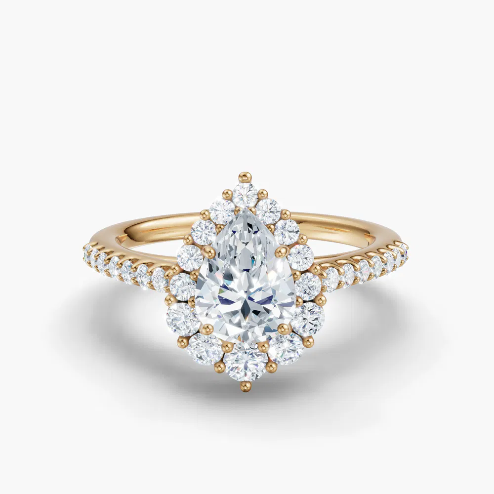 Certified 1 carat Lab Grown Diamond Pear Cut Pavé, Halo, Cathedral Engagement Ring in 14K Yellow Gold-Mirey