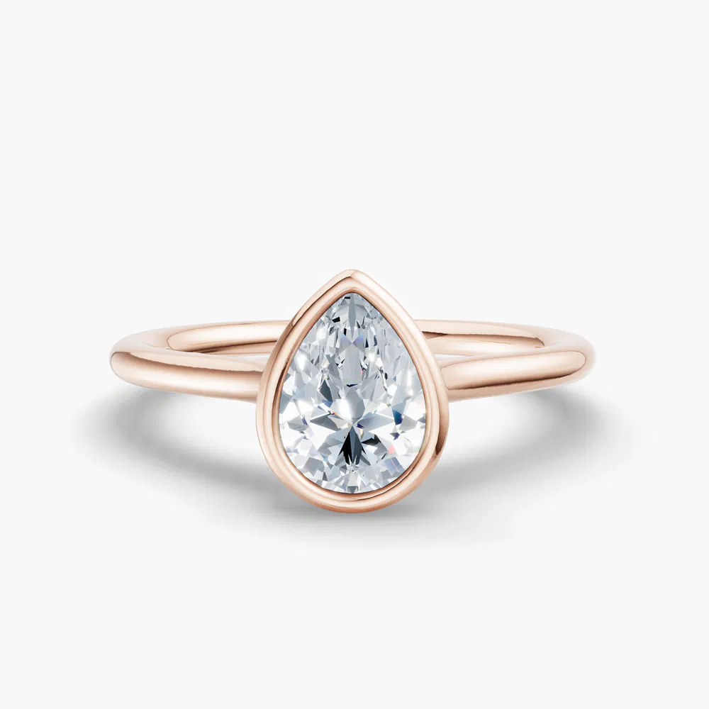 Certified 1 carat Lab Grown Diamond Pear Cut Solitaire, Bezel, Cathedral Engagement Ring in 14K Rose Gold-Borvi