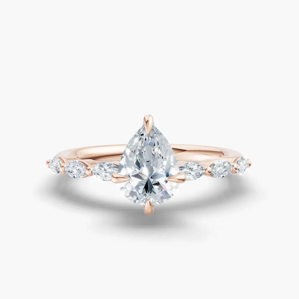 Certified 1 carat Lab Grown Diamond Pear Cut Side Stone Engagement Ring in 14K Rose Gold-Garo