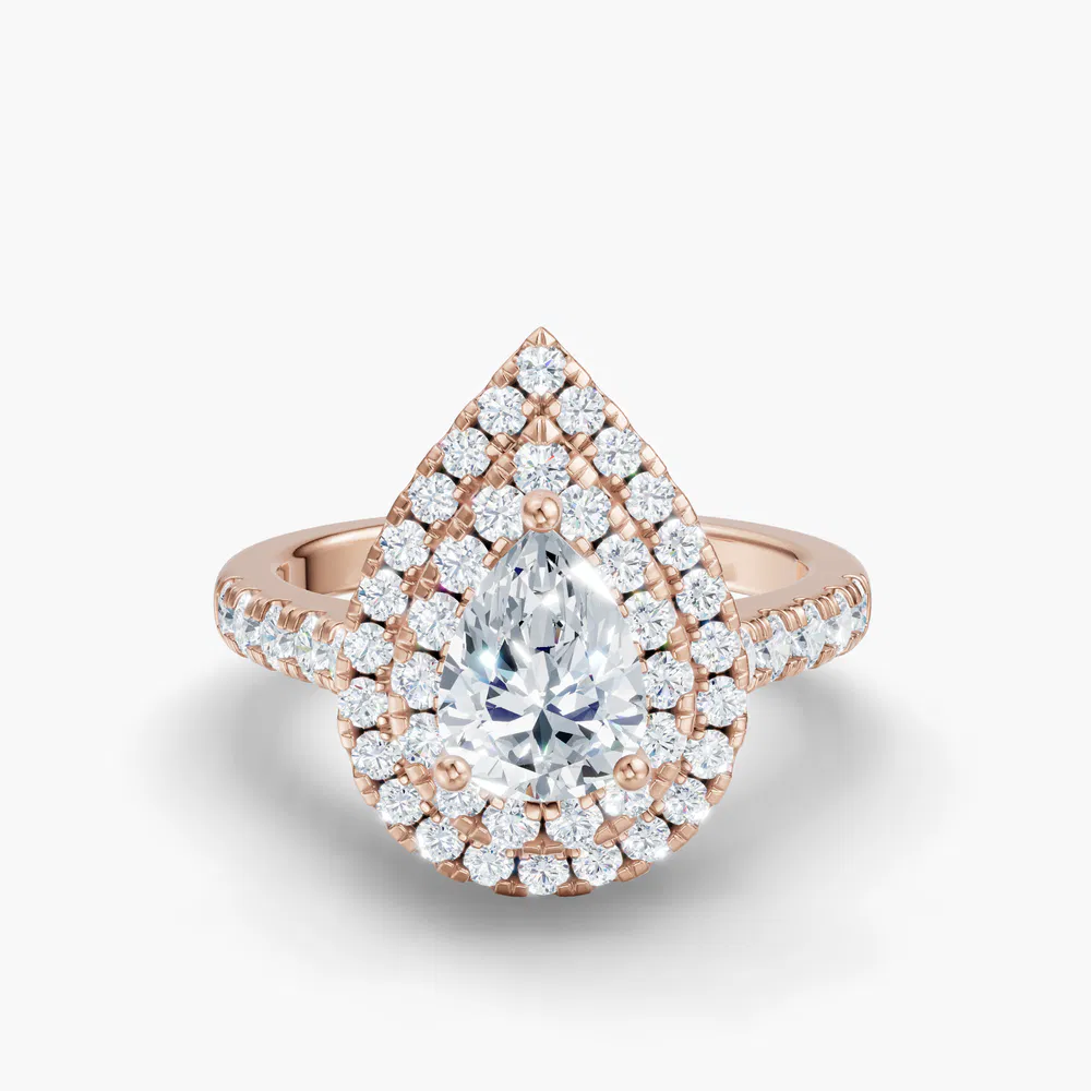 Certified 1 carat Lab Grown Diamond Pear Cut Halo, Pavé, Double halo Engagement Ring in 18K Rose Gold-Brexa