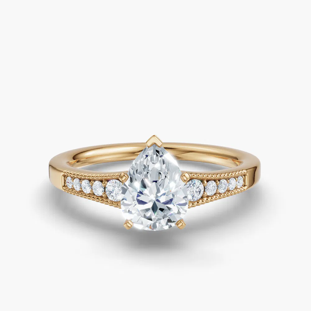 Certified 1 carat Lab Grown Diamond Pear Cut Milgrain, Pavé, Side Stone Engagement Ring in 14K Yellow Gold-Rosca