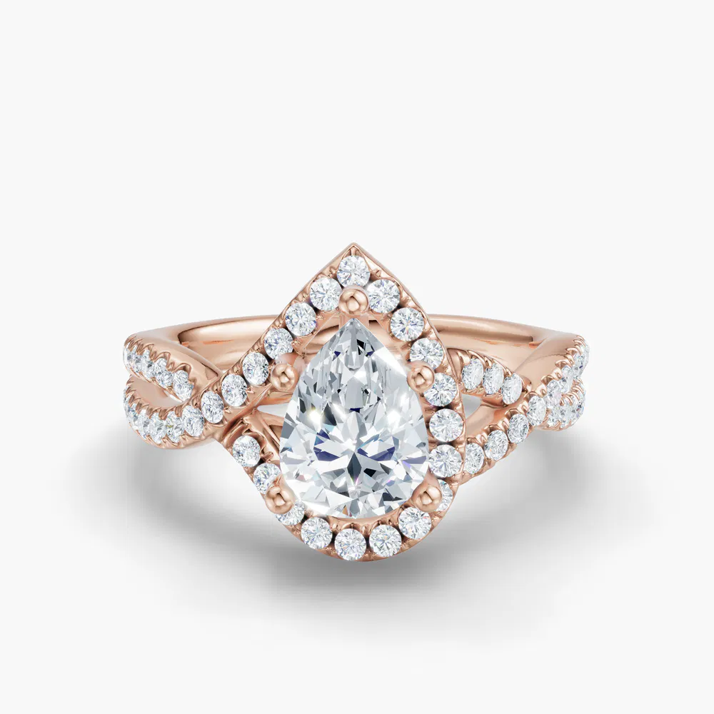 Certified 1 carat Lab Grown Diamond Pear Cut Unique, Pavé, Halo Engagement Ring in 18K Rose Gold-Stellune