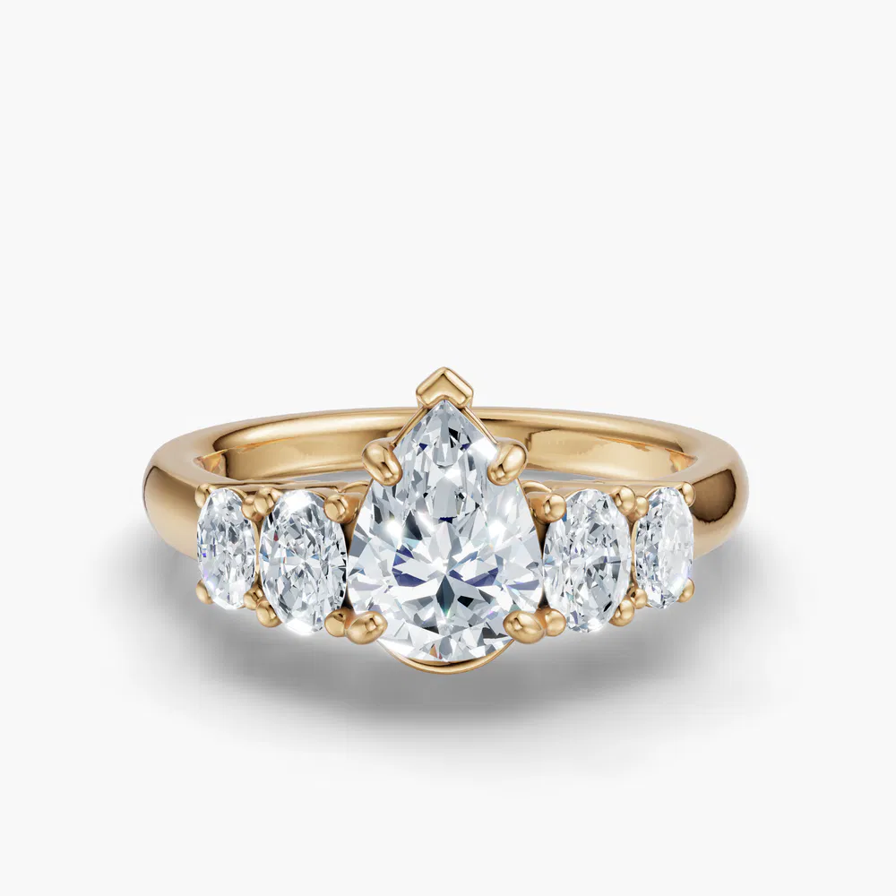 Certified 1 carat Lab Grown Diamond Pear Cut Five Stone, Side Stone Engagement Ring in 14K Yellow Gold-Elyx