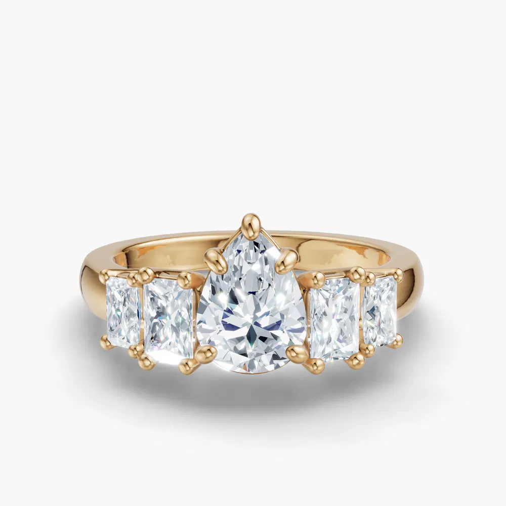 Certified 1 carat Lab Grown Diamond Pear Cut Five Stone, Side Stone Engagement Ring in 18K Yellow Gold-Velaris