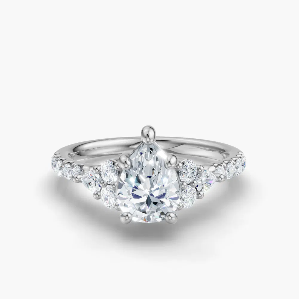 Certified 1 carat Lab Grown Diamond Pear Cut Pavé, Side Stone Engagement Ring in 14K White Gold-Tarne