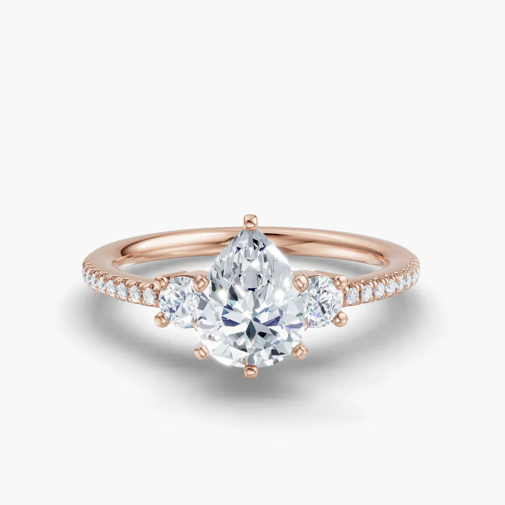 Certified 1 carat Lab Grown Diamond Pear Cut Three Stone, Pavé, Side Stone Engagement Ring in 18K Rose Gold-Vynix