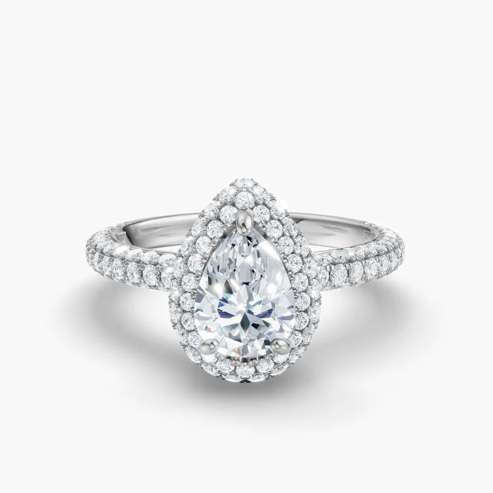 Certified 1 carat Lab Grown Diamond Pear Cut Pavé, Halo, Hidden Halo Engagement Ring in 14K White Gold-Brym