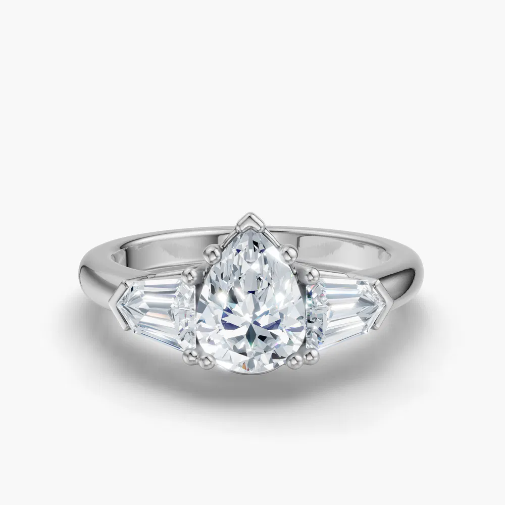 Certified 1 carat Lab Grown Diamond Pear Cut Three Stone, Side Stone Engagement Ring in 14K White Gold-Lyris