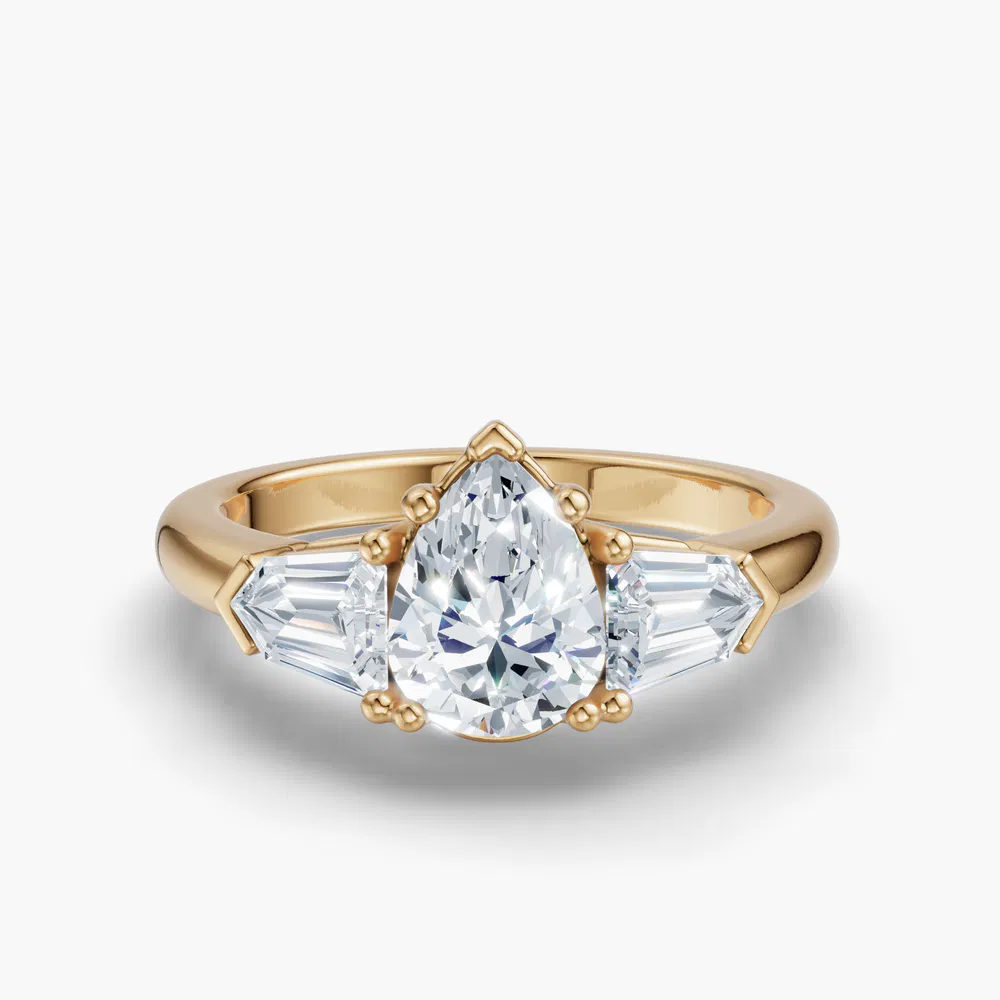 Certified 1 carat Lab Grown Diamond Pear Cut Three Stone, Side Stone Engagement Ring in 18K Yellow Gold-Lyris