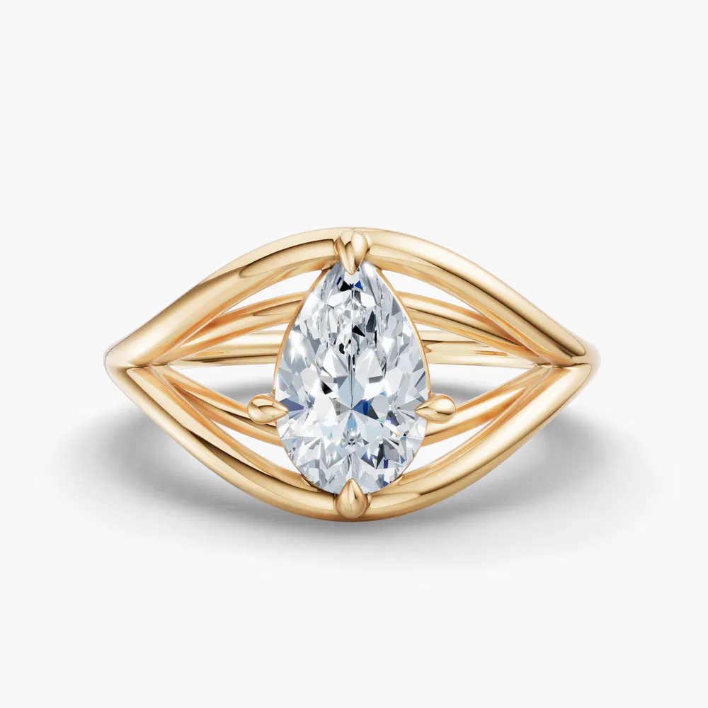 Certified 1 carat Lab Grown Diamond Pear Cut Solitaire, Split Shank, Modern Engagement Ring in 18K Yellow Gold-Kira