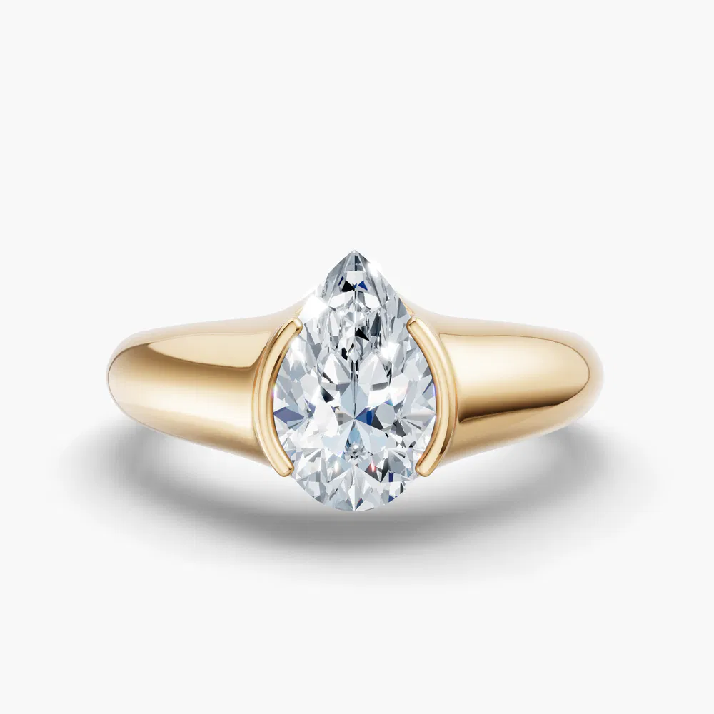 Certified 1 carat Lab Grown Diamond Pear Cut Solitaire, Bezel, East-West Engagement Ring in 14K Yellow Gold-Elen