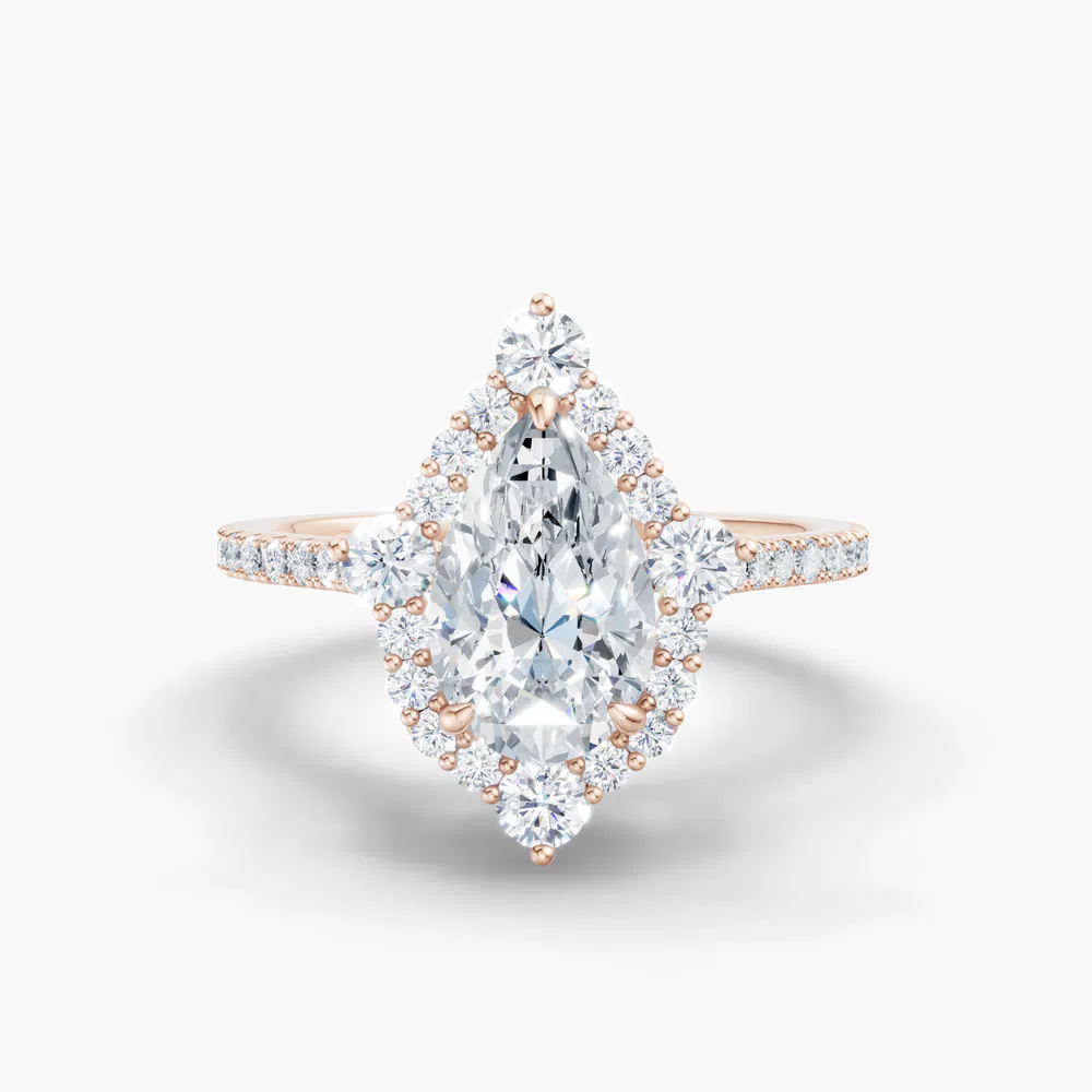 Certified 1 carat Lab Grown Diamond Pear Cut Hidden Halo, Halo, Cathedral Engagement Ring in 14K Rose Gold-Cylen
