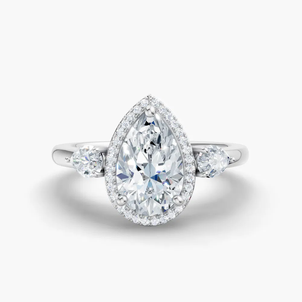 Certified 1 carat Lab Grown Diamond Pear Cut Halo, Cathedral, Three Stone Engagement Ring in 14K White Gold-Daren