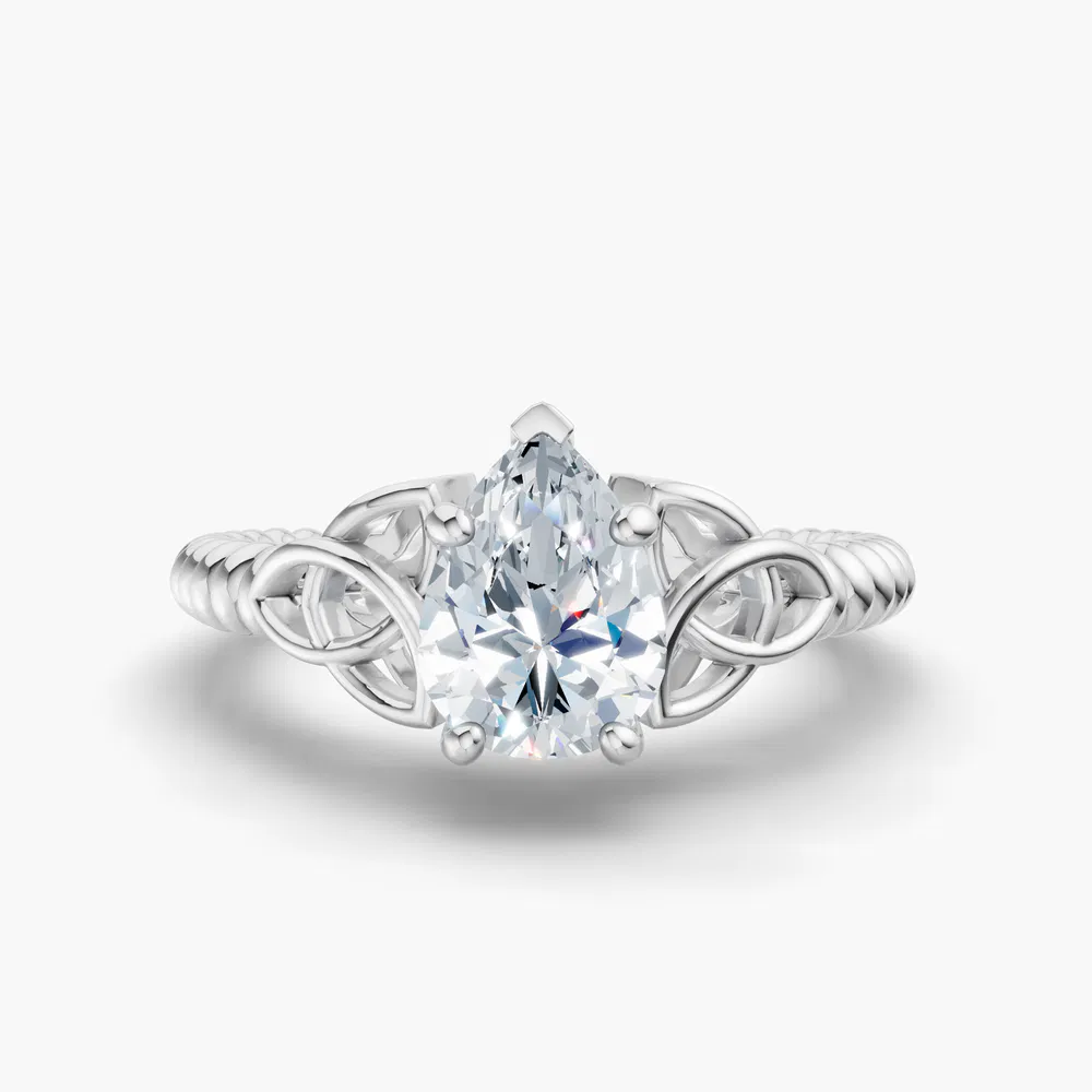 Certified 1 carat Lab Grown Diamond Pear Cut Solitaire, Twist, Celtic Engagement Ring in 18K White Gold-Thalyn