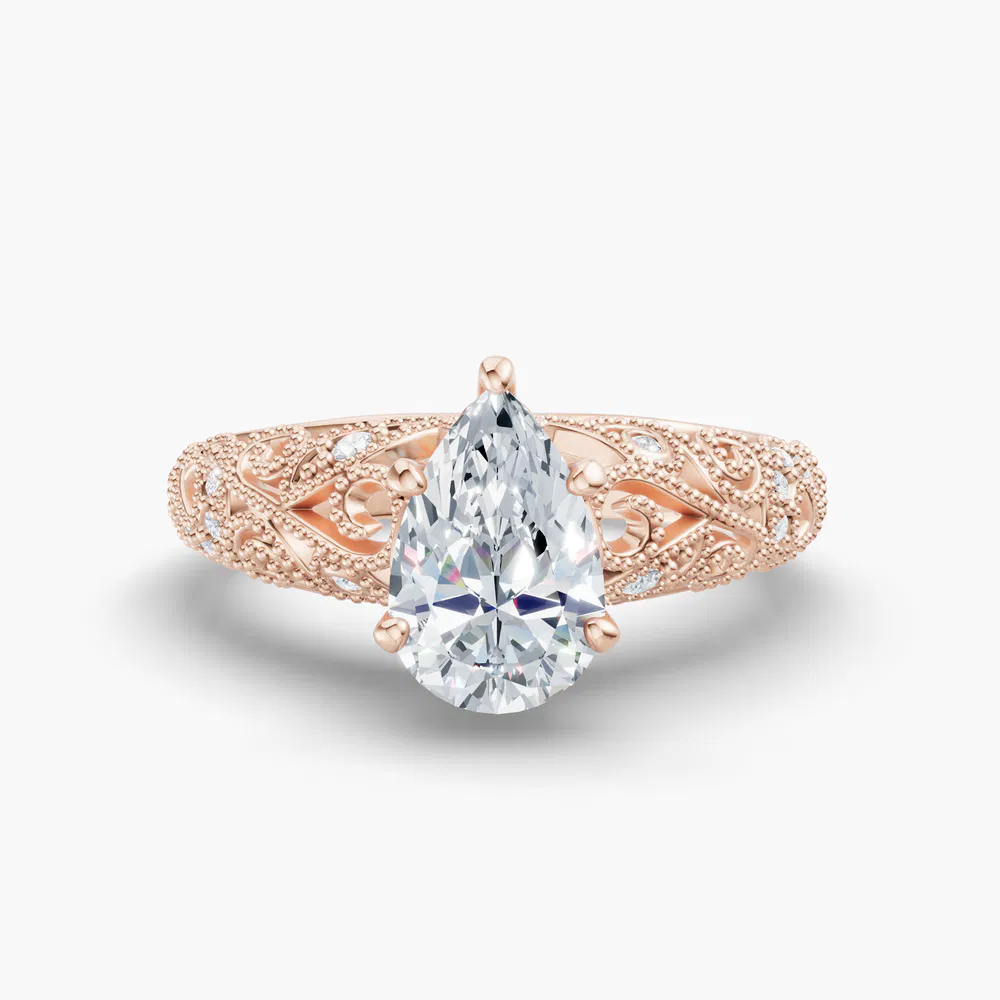 Certified 1 carat Lab Grown Diamond Pear Cut Vintage, Milgrain, Filigree Engagement Ring in 18K Rose Gold-Jaxen