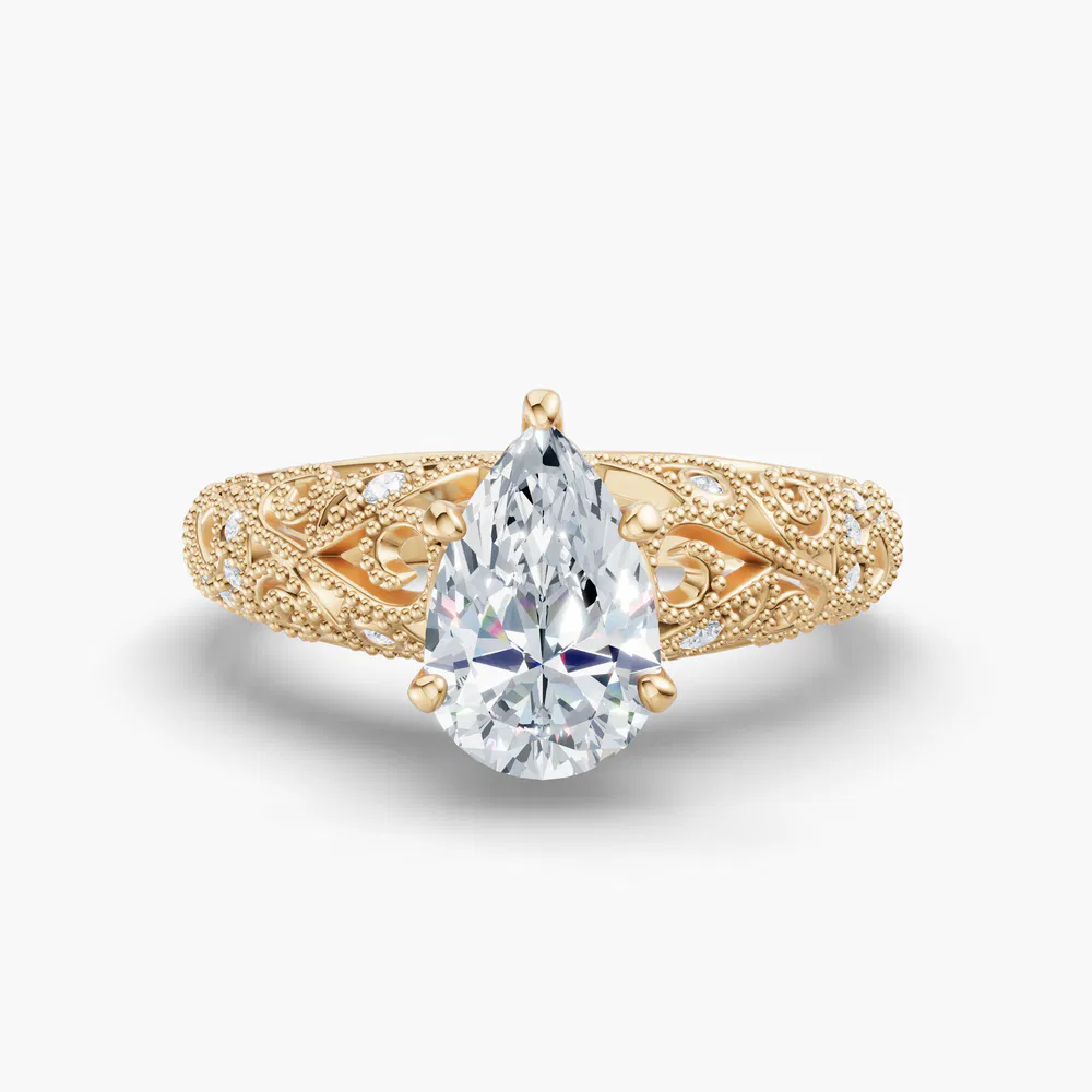 Certified 1 carat Lab Grown Diamond Pear Cut Vintage, Milgrain, Filigree Engagement Ring in 18K Yellow Gold-Jaxen