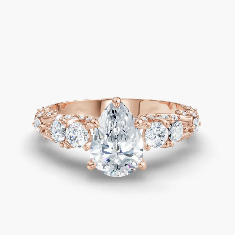 Certified 1 carat Lab Grown Diamond Pear Cut Hidden Halo, Unique, Side Stone Engagement Ring in 18K Rose Gold-Marinia