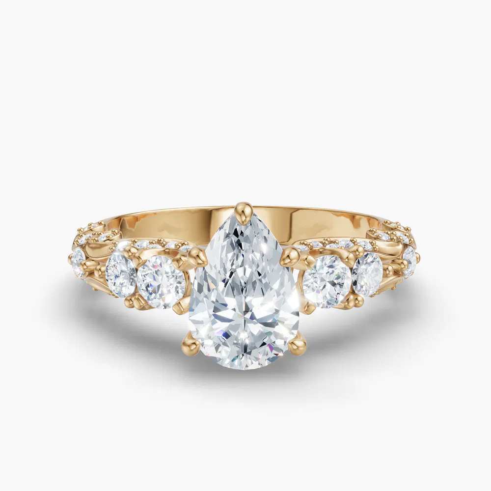 Certified 1 carat Lab Grown Diamond Pear Cut Hidden Halo, Unique, Side Stone Engagement Ring in 14K Yellow Gold-Marinia
