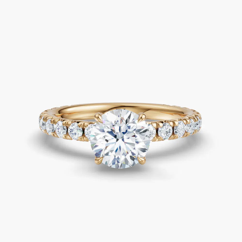 Certified 1 carat Lab Grown Diamond Round Cut Pavé, Hidden Halo, Four Prong Engagement Ring in 18K Yellow Gold-Cyrra