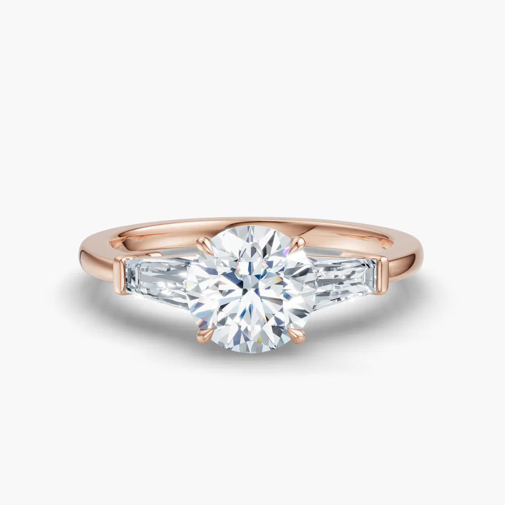 Certified 1 carat Lab Grown Diamond Round Cut Three Stone, Baguette, Cathedral Engagement Ring in 18K Rose Gold-Glyss