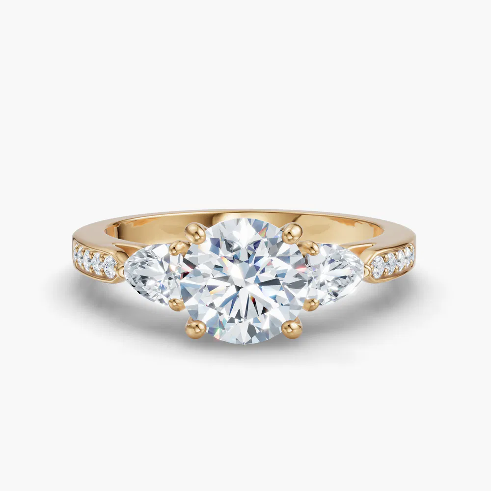 Certified 1 carat Lab Grown Diamond Round Cut Three Stone, Pavé, Four Prong Engagement Ring in 18K Yellow Gold-Zevd