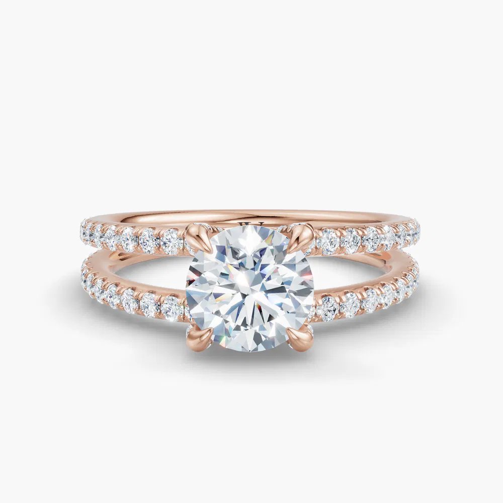 Certified 1 carat Lab Grown Diamond Round Cut Pavé, Split Shank, Hidden Halo Engagement Ring in 14K Rose Gold-Soren