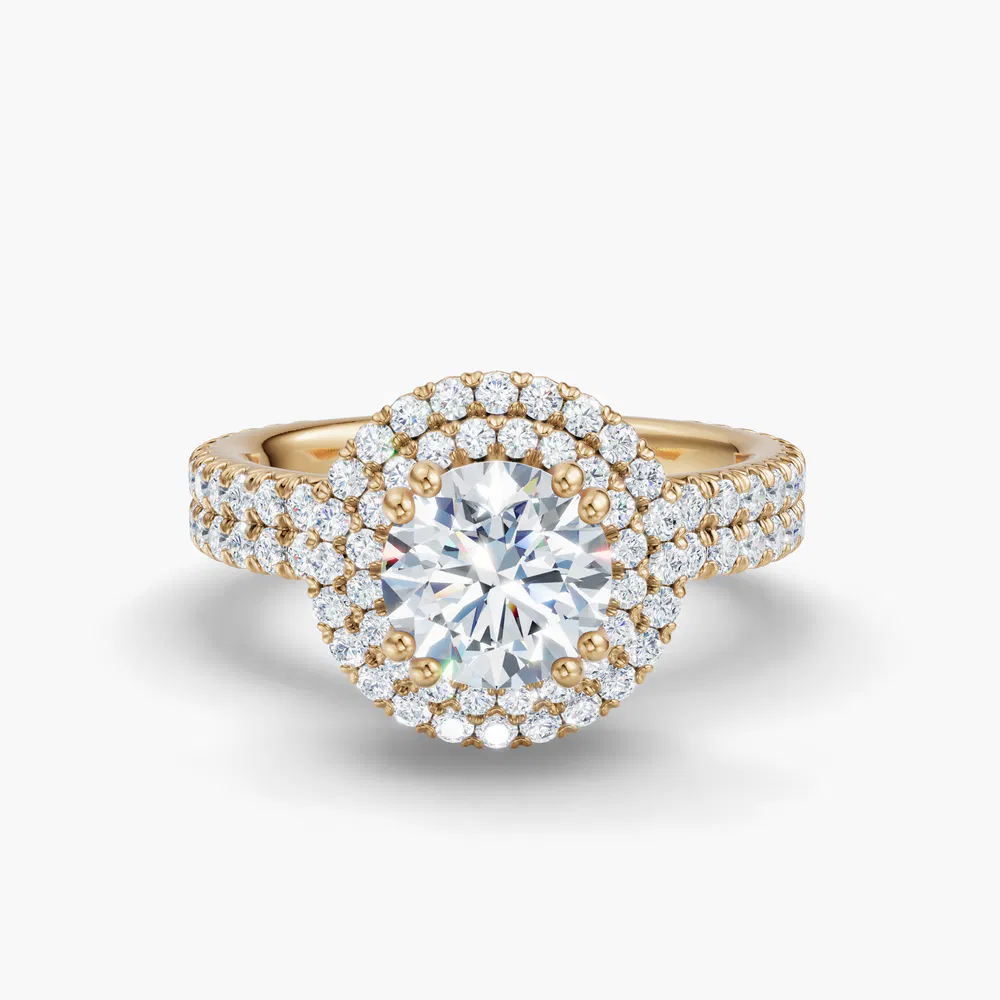 Certified 1 carat Lab Grown Diamond Round Cut Pavé, Halo, Hidden Halo Engagement Ring in 14K Yellow Gold-Caela