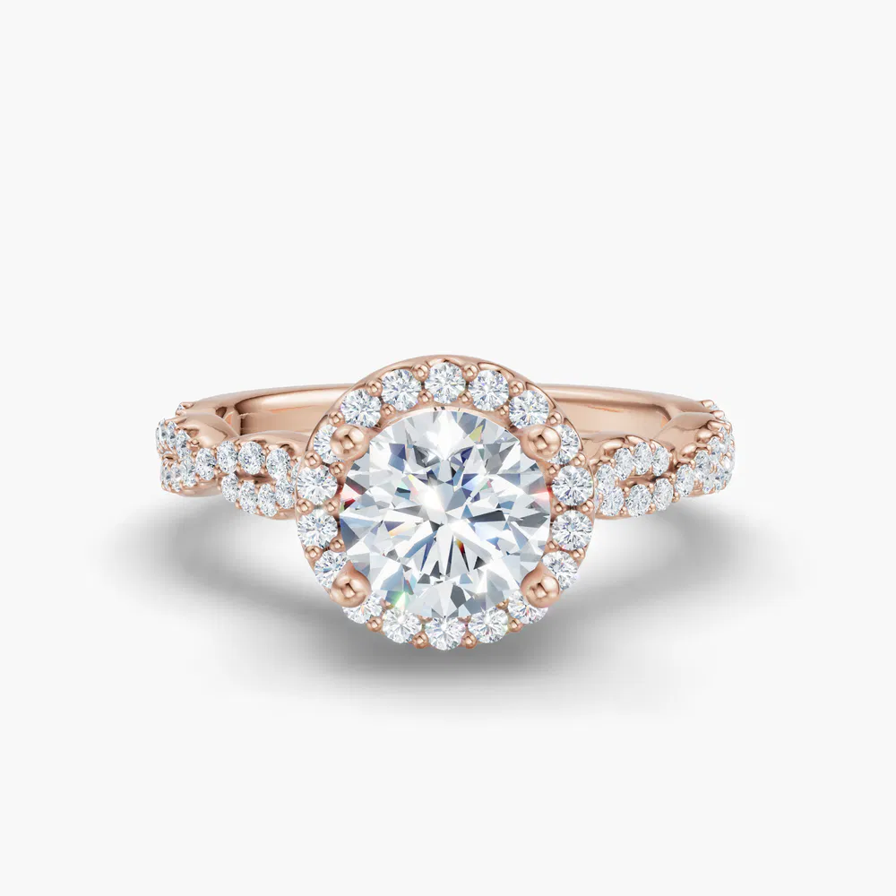 Certified 1 carat Lab Grown Diamond Round Cut Halo, Pavé, Twist Engagement Ring in 18K Rose Gold-Meraki