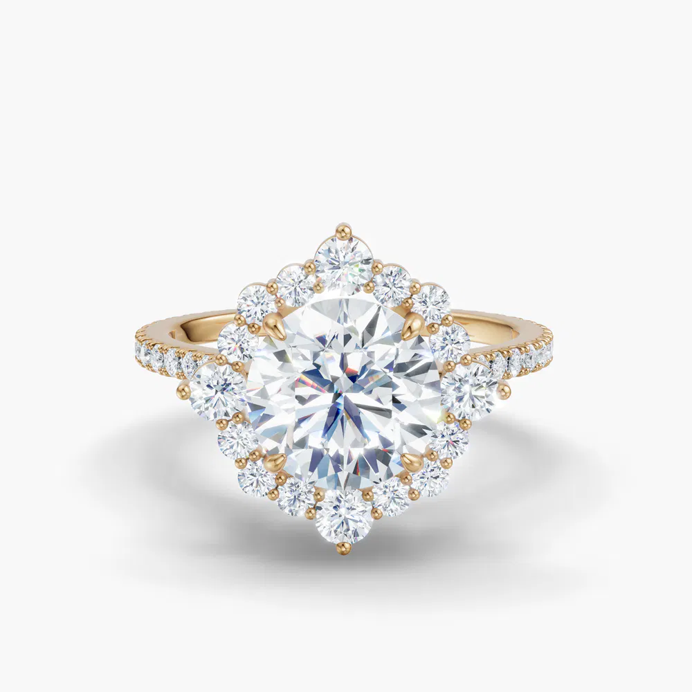 Certified 1 carat Lab Grown Diamond Round Cut Hidden Halo, Halo, Cathedral Engagement Ring in 14K Yellow Gold-Cylen