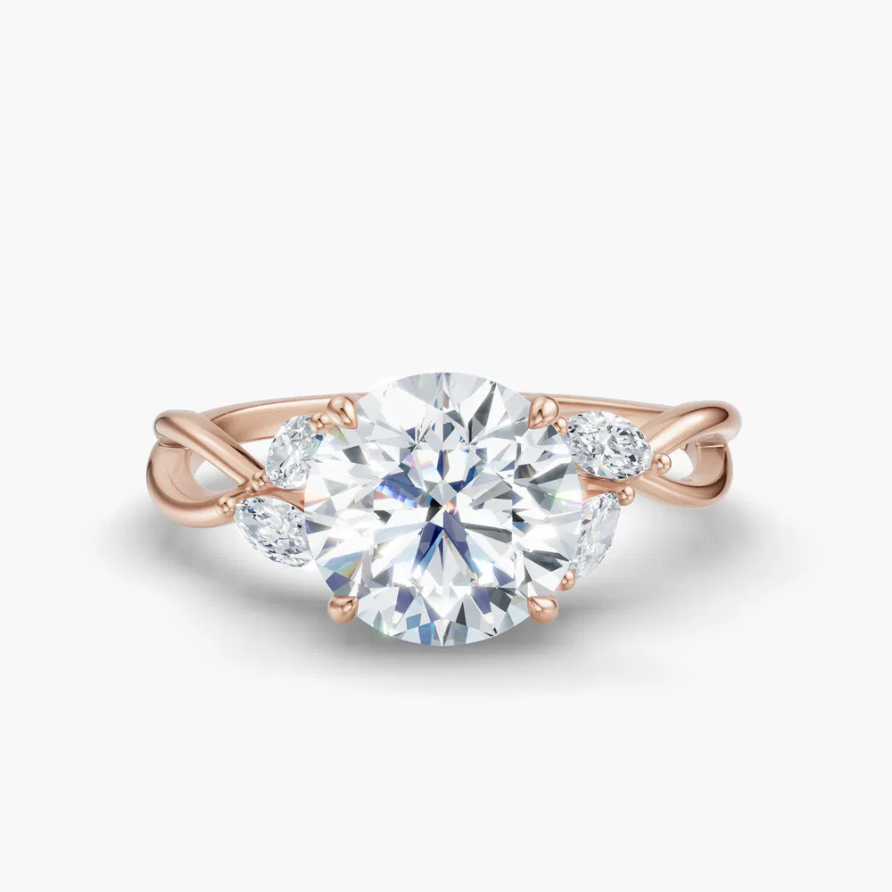 Certified 1 carat Lab Grown Diamond Round Cut Twist, Split Shank, Side Stone Engagement Ring in 14K Rose Gold-Mena