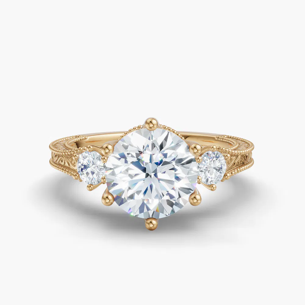Certified 1 carat Lab Grown Diamond Round Cut Three Stone, Unique, Milgrain Engagement Ring in 14K Yellow Gold-Zara