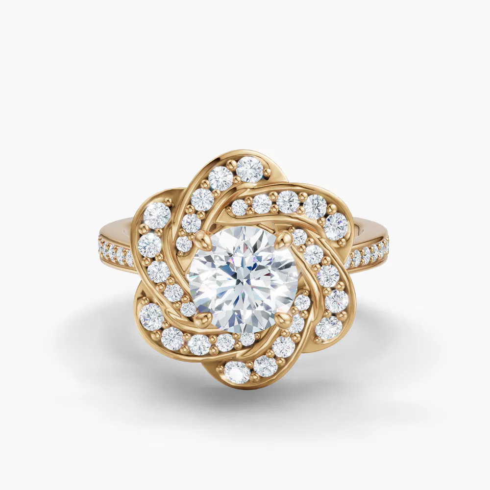 Certified 1 carat Lab Grown Diamond Round Cut Floral, Nature inspired, Cathedral Engagement Ring in 14K Yellow Gold-Vorina
