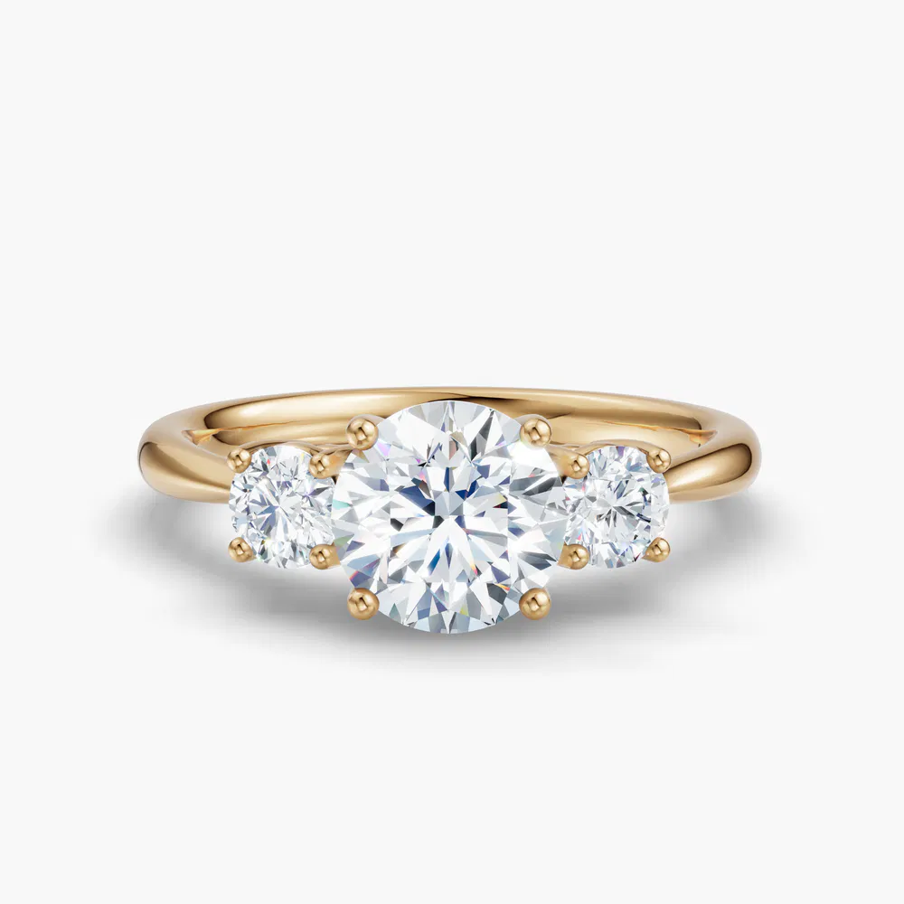 Dhyra 1 carat Lab Grown Diamond Round Cut Side Stone, Three Stone, Low profile Engagement Ring in 18K Yellow Gold