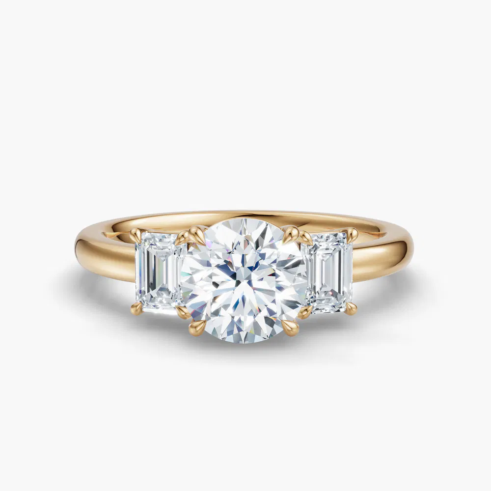 Nectarl 1 carat Lab Grown Diamond Round Cut Three Stone, Side Stone, Low profile Engagement Ring in 18K Yellow Gold